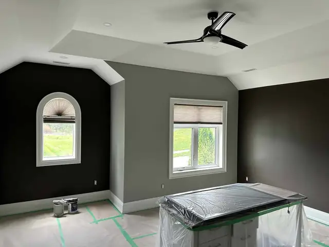 Interior painting with dark accent walls and a ceiling fan